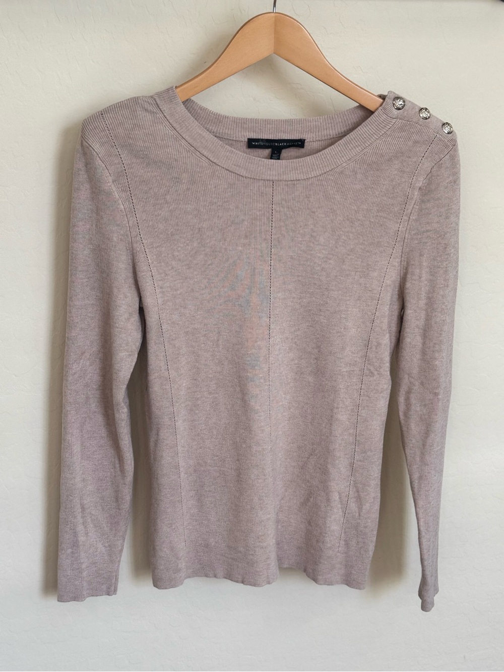 White House Black Market Shoulder Button Ribbed Knit Sweater Taupe Tan Size L
